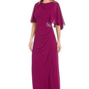 R&M Richards Long Chiffon Caplet Dress with a Rhinestone Waist Detail - Mulberry